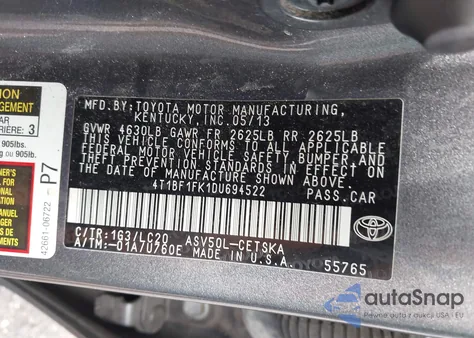 2013 Toyota Camry Se from USA, damaged, VIN 4T1BF1FK1DU694522